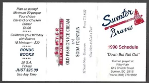1990 SUMTER BRAVES (menores) farmacia temporada regular calendario de bolsillo casi nuevo - Imagen 1 de 1