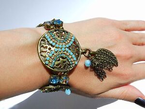 Designer Art Antique Gold Bracelet Turquoise Swarovski Crystals Drop Feather 