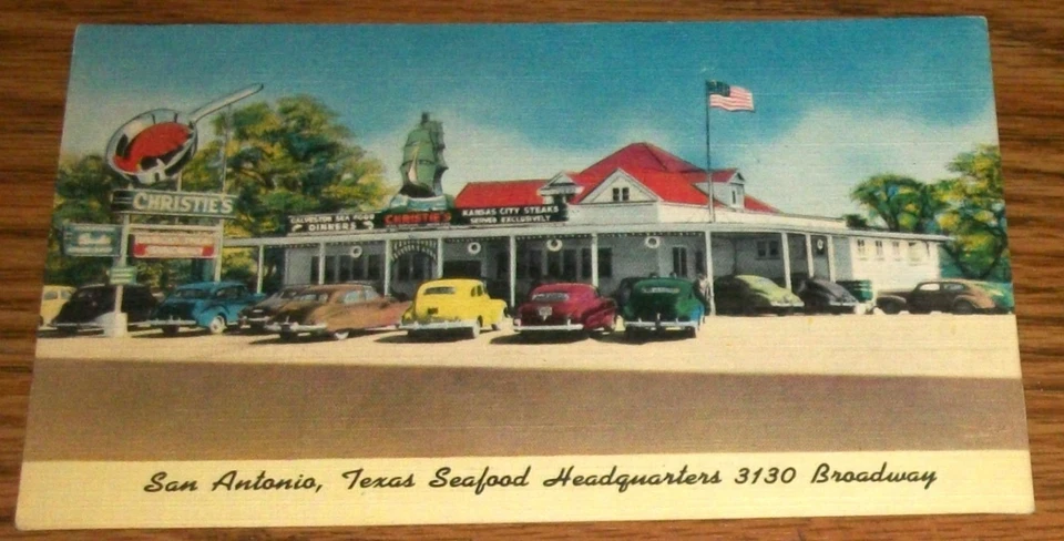 Cartão postal R6 década de 1940 San Antonio Texas Christie's Restaurant Autos - Imagem 1 de 2