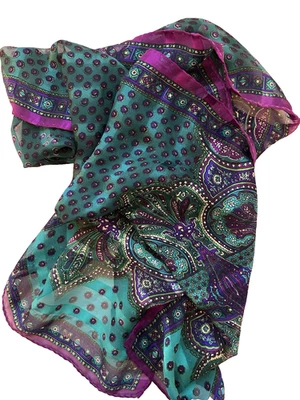 Cachecol vintage 100% seda enrolado à mão retangular 10 x 52 roxo e azul-petróleo paisley - Imagem 1 de 4