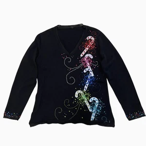 Michael Simon Vintage Christmas Sweater | Candy Canes, Holiday Black Ramie Blend - Picture 1 of 6