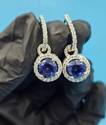 2.8Ct Lab Created Round Sapphire Halo Dangle Earrings 14K White Gold Plated - Image 1 of 4