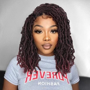 Full Lace Short Dreadlock Wigs Afro Ombre Burgundy Faux Locs Wigs Synthetic T... - Picture 1 of 8