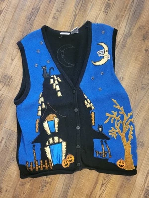 复古 90 年代 Bobbie Brooks XL 万圣节毛衣背心闹鬼屋南瓜和猫  — 第 1/4 张图片