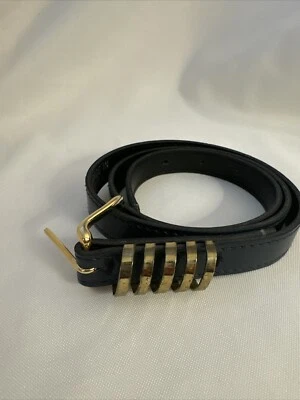 Vintage 1970s Navy Vinyl Skinny Belt Brass Look Buckle Small 32.5 in - Image 1 of 4