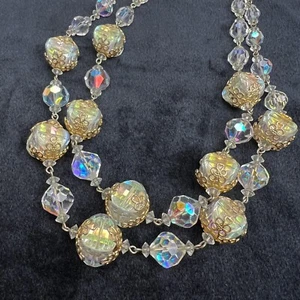Vendome 2-Strand Aurora Borealis Glass & Gold Filigree Beaded Necklace, Rare VTG - Picture 1 of 11