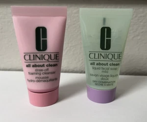 CLINIQUE All About Clean 2x Lot RINSE-OFF FOAMING CLEANSER + LIQUID FACIAL SOAP - Picture 1 of 2