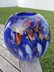 Thick Murano Art Glass Vase Cobalt Blue Red Floral Mid Century Modern Very Heavy - Picture 1 of 18