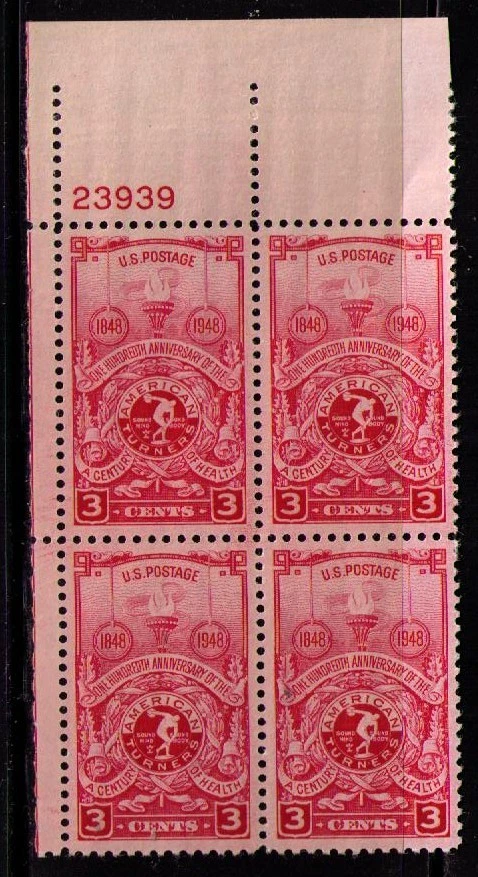 US USA Sc# 979  MNH FVF PLATE # BLOCK American Turners Gymnastics Sports Health - Image 1 of 1