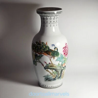 Vintage Chinese Porcelain Vase w/Peacock, Chrysanthemum and Inscription 7.75"H - image 1 of 4