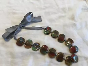 Vintage Artisan Retro Earthy Porcelain Silk Ribbon Bead Necklace 27" - Picture 1 of 7