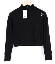 GYMSHARK Women Sweatshirt Pipa S Black Long Sleeved Activewear Stretch Cropped
