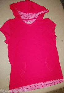 Girls S/S HOODED Shirt HOT PINK Double Layered Look STARS Pouch Pocket XL 14-16 - Picture 1 of 3