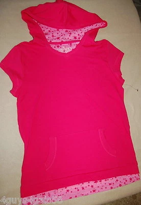 Girls S/S HOODED Shirt HOT PINK Double Layered Look STARS Pouch Pocket XL 14-16 - Image 1 of 3