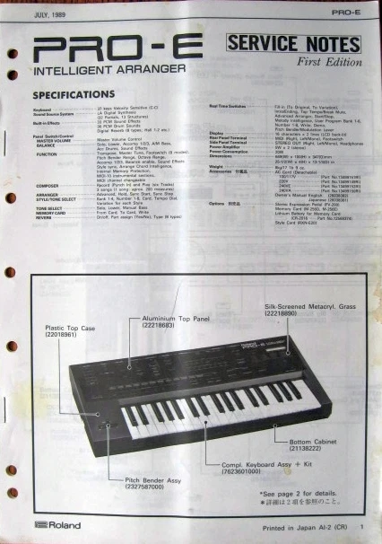 Roland PRO-E Keyboard Synthesizer Arranger Original Service Manual Booklet, 1989 - Image 1 of 1