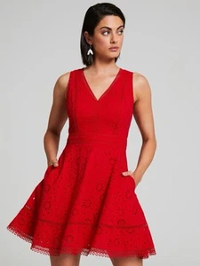 Portmans Dress Size AU 14 US 10 Red Broderie Cotton Flare V Neck Party Event - Picture 1 of 9
