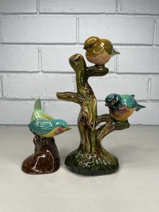VTG 3 Little Finch Birds Perched On Branches Figurines Set Of 2 Ceramic Adorable - Picture 1 of 22