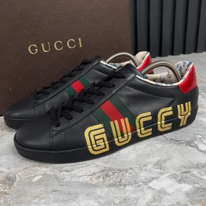 Gucci X Sega Ace Sneakers Ayers Web Guccy Print Black Leather 9.5 US or 39.5 EUR - Picture 1 of 13