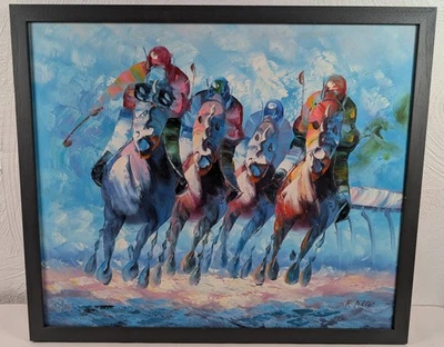 Vintage Painting Racetrack Horse Race Oil on Canvas Signed Framed Large 65x55cm - Image 1 of 4