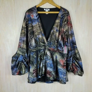 Blusa retro romántica con volantes manga abullonada cuello en V multicolor Quum Plus 2X nueva con etiquetas  - Imagen 1 de 9