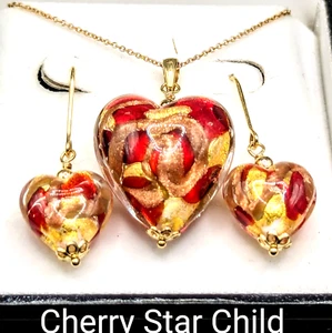 9K 373 Yellow Gold Red Gold Foil Murano Glass Pendant Necklace Earrings Set Box - Bild 1 von 18