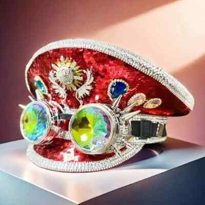 Red Steampunk Goggles Festival Captain Hat Masquerade Rhinestone Unisex Cosplay - Picture 1 of 12