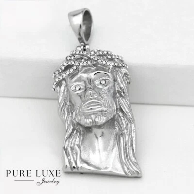Men's Stainless Steel Silver JESUS Face CZ 53mm medium High Polish*Box - Image 1 of 2