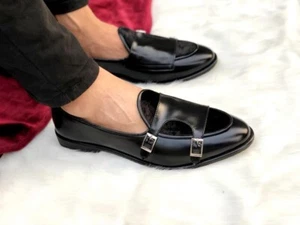  Herren handgefertigte Schuhe schwarz Leder doppelter Mönchsriemen runde Zehenpartie formelle Kleiderstiefel - Bild 1 von 4