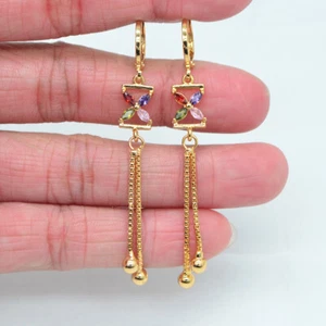 18K Yellow Gold Filled Fashion Multicolour Topaz Square Flower Tassel Earrings - Picture 1 of 1