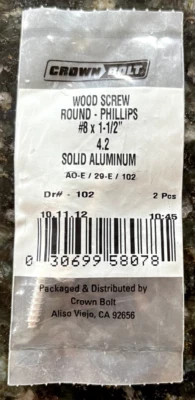 Lote de 2 tornillos redondos para madera Phillips #8x1-1/2" aluminio macizo 2 por paquete Foto 1 de 3
