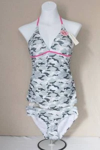 NEW Womens 2 pc Camo Tankini Swimsuit Medium Gray Camouflage Halter Top Bikini - Picture 1 of 2