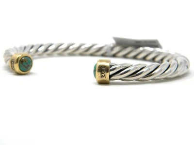 David Yurman 6mm Cable Classic Cuff Bracelet Turquoise Silver 18k Gold S.Med NWT - Image 1 of 4