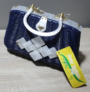 1950's British CROWN COLONY HONG KONG Navy Wicker & White Lucite Sears Purse NEW - Picture 1 of 13