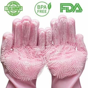1Pair Dishwashing Cleaning Gloves Silicone Rubber Sponge Household Scrubber Tool - Picture 1 of 17
