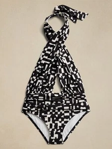 NWT Banana Republic Factory Twisted-Knot Swimsuit LARGE Black White Print One Pc - Picture 1 of 11