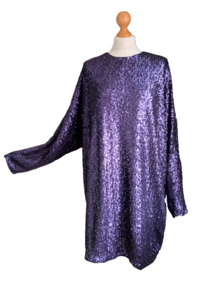 H&M sz L  Purple Sequin Tunic Top or Mini Dress stretch batwing sleeve lined - Image 1 of 4