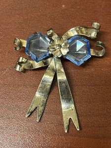 Antike große Gold Vermeil Schleife Brosche Sterling blau geschliffener Glasstein - Bild 1 von 5