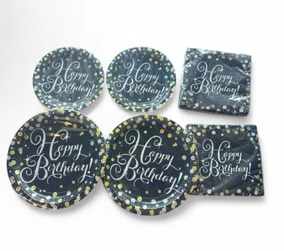 Happy Birthday Black Gold Silver 32 Plates & 32 Napkins 9" & 7" Sizes - Image 1 of 4
