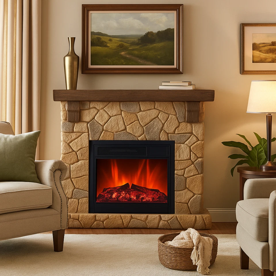 abc HOME Elektrokamin Landhaus Stein/Holz-Optik XXL LED-Flamme 109x100cm 1800W