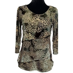 db est 1962 Velour Blouse Sz Petite S Tiered Sheer Lined Olive Green Brown EUC - Picture 1 of 9