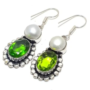 Genuine Peridot Pearl Anniversary Daughter Boho Dangle Earrings Sterling Silver - Picture 1 of 8