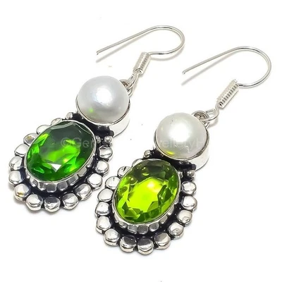 Genuine Peridot Pearl Anniversary Daughter Boho Dangle Earrings Sterling Silver - Image 1 of 4