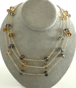 Gold Tone & Gray/Gold colored  Glass Beaded 3 Strand Fashion Necklace - 16"-19" - Picture 1 of 6