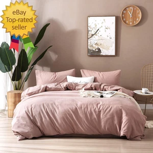 3Pcs Queen Size 100% Washed Cotton Duvet Cover Set Fad Resistant Linen Like - Picture 1 of 8