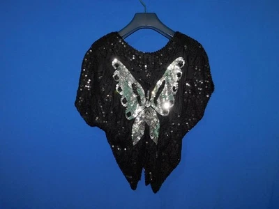 Vintage S M Black Silver Sequin Butterfly Top V Neck Silk Shirt Disco Party - Image 1 of 4