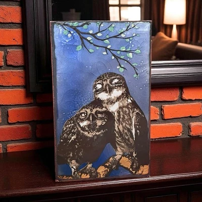 Azulejo Houston Llew Spiritile #172 Feathered Friends vidrio sobre cobre Owls Spirit Foto 1 de 4