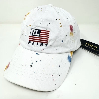 Chapéu Polo Ralph Lauren RL Pintura-Splatter Bola Bandeira Logotipo Strapback - Branco - NOVO - Imagem 1 de 4