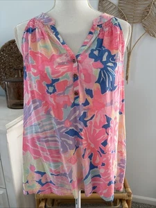 Lilly Pulitzer Tank Top Blouse 100% Silk Pink Blue Floral Logo Buttons Large L - Picture 1 of 9