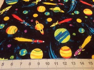 1/2 YD X 42" FLANNEL COLORFUL ROCKETS TOSS ON BLACK/ JO ANN COTTON NEW #7474 - Picture 1 of 3