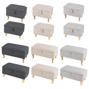 Linen Fabric Foot Stool Rest Poffee Ottoman Storage Box Cabinet Chair 4 Wood Leg - Picture 1 of 13